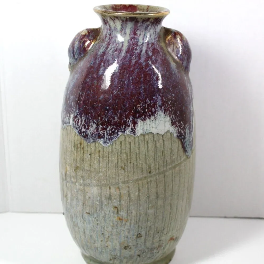 Gold Horse Design Pottery Vase Ribbed with Ears Drip Glaze over Crackle